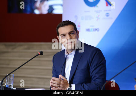 Thessalonique, Grèce. 11 Septembre, 2016. Le Premier Ministre grec, Alexis Tsipras, a donné une conférence de presse à la ville grecque de Thessalonique, un jour après l'inauguration de la Foire Internationale de Thessalonique était âgé de 81, le dimanche, 11 Septembre, 2016. Credit : Giannis Papanikos/Alamy Live News Banque D'Images