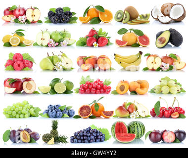 Collection de fruits Fruits pommes pomme orange banane fraise raisin pastèque poire cerise bio isolated on a white backgrou Banque D'Images