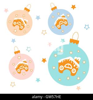 Collection de boules de Noël avec étoiles et mignon maisons dans la neige sur fond blanc. Illustration de Vecteur