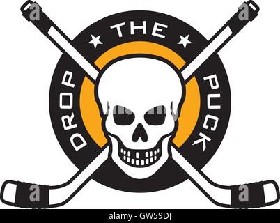 Logo de hockey avec crâne avec dents manquantes et traversé des bâtons de hockey. Illustration de Vecteur