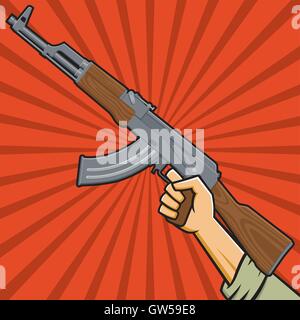 Edith holding AK47. Main courante sur un fusil d'assaut l'arrière-plan radial rouge. Dans le style des affiches de propagande russe. Illustration de Vecteur