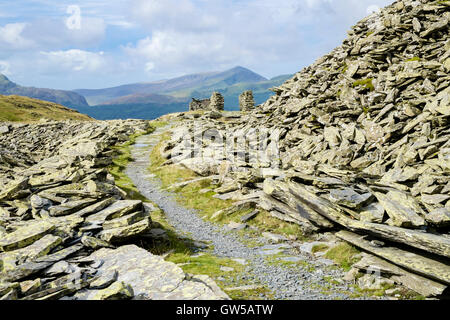 À partir de la voie à Rhyd Ddu Bwlch mcg Llançà à travers ardoise désaffectées terrils sur les pentes du Mont Snowdon dans le parc national de Snowdonia (Eryri) Wales UK Banque D'Images