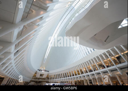 NEW YORK - 4 septembre 2016 : forme architecturale caractéristique définit le hall principal de l'Oculus plaque tournante du transport. Banque D'Images