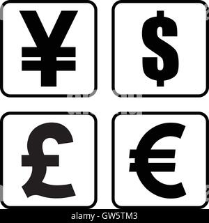 Yen / Yuan, Dollar, Livre Sterling et symbole de l'Euro, l'argent carré icônes , vector illustration Illustration de Vecteur