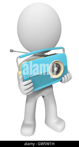 Dude 3D character holding Blue retro Radio. Banque D'Images