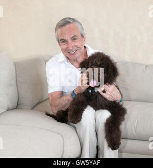 Slim coupe propre et gray senior homme âgé est assis sur un canapé beige, avec son compagnon animal labradoodle puppy dog sur ses genoux. Banque D'Images