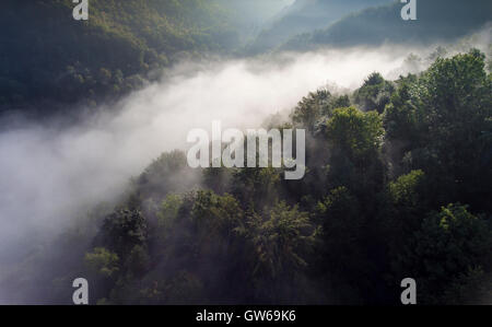 Misty paysage panorama. Rêve fantastique lever du soleil sur les montagnes rocheuses avec vue sur la vallée de Misty ci-dessous. Au-dessus des nuages brumeux forr Banque D'Images