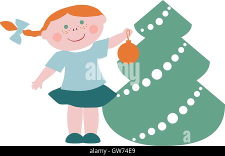 Petite fille de l'arbre de Noël décore avec ball Illustration de Vecteur