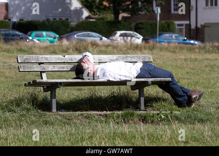 Wimbledon Londres, Royaume-Uni. 12 septembre 2016. Un homme sonner pendant sur un banc sur Wimbledon un jour chaud comme les températures augmenteront à 32 degrés celsius pendant la période la plus chaude de Septembre 55 ans Crédit : amer ghazzal/Alamy Live News Banque D'Images