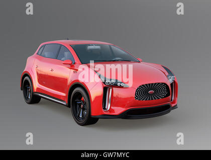 Concept car SUV électrique rouge isolé sur fond gris. Le rendu 3D image avec chemin de détourage. Banque D'Images