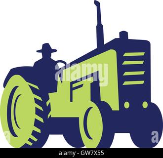 Illustration d'un agriculteur biologique wearing hat ferme vintage conduite tracteur vu de l'ensemble de l'angle faible isolées sur fond blanc fait en style rétro. Illustration de Vecteur