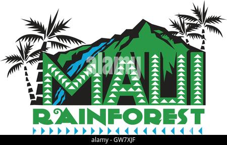 Illustration de la forêt tropicale de Maui texte mots avec montagnes, cascades, forêts et de palmiers en arrière-plan fait en style rétro. Illustration de Vecteur