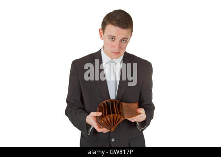 Montrant l'homme portefeuille vide isolé sur fond blanc Banque D'Images
