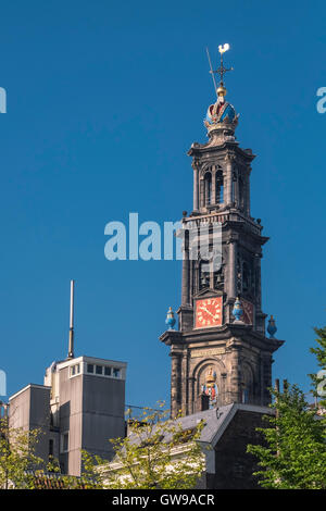 La Westerkerk Tower, un 85 mètres de haut clocher joint à Amsterdam, la plus grande église de la Westerkerk, Amsterdam, Pays-Bas Banque D'Images