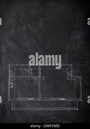 Craie 2d Dessin croquis à main levée sur le plan de l'appartement d'accueil vide sur tableau noir Banque D'Images