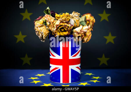 Les fleurs fanées dans un vase avec le drapeau de Grande-Bretagne, photo symbolique Brexit, Verwelkte Blumen in einer Vase mit Fahne von Grossbr Banque D'Images