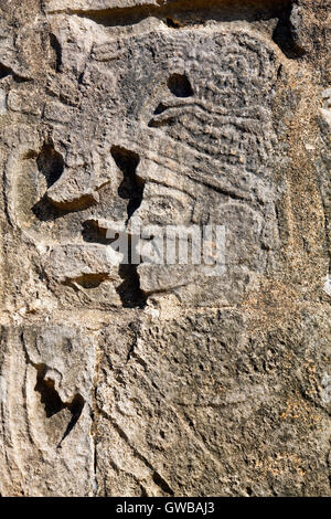 Détail de la sculpture de la tête de guerrier maya à Chichen Itza, Yucatan, Mexique Banque D'Images