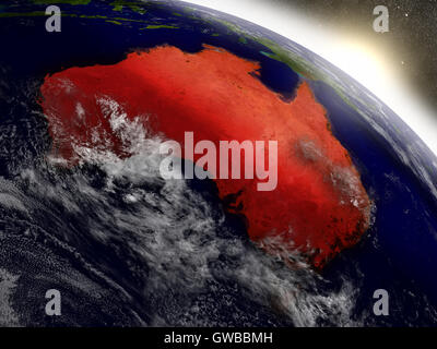 L'Australie a souligné en rouge comme vu de l'orbite de la Terre dans l'espace. Illustration 3D très détaillées avec surface de la planète. Elements Banque D'Images