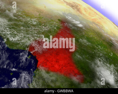 Le Cameroun a souligné en rouge comme vu de l'orbite de la Terre dans l'espace. Illustration 3D très détaillées avec surface de la planète. Éléments o Banque D'Images