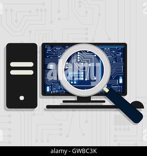 Loupe agrandissant le circuit électronique sur le moniteur de l'ordinateur. Montrant l'ordinateur d'administration. Illustration de Vecteur