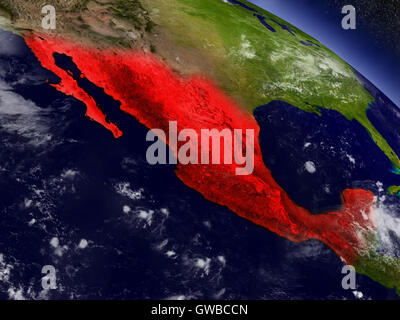 Le Mexique a souligné en rouge comme vu de l'orbite de la Terre dans l'espace. Illustration 3D très détaillées avec surface de la planète. Éléments de Banque D'Images