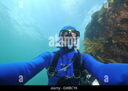 Scuba Diver wearing wetsuit bleu descend le long récif Banque D'Images