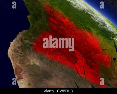 L'Angola a souligné en rouge comme vu de l'orbite de la Terre dans l'espace. Illustration 3D très détaillées avec surface de la planète. Éléments de Banque D'Images