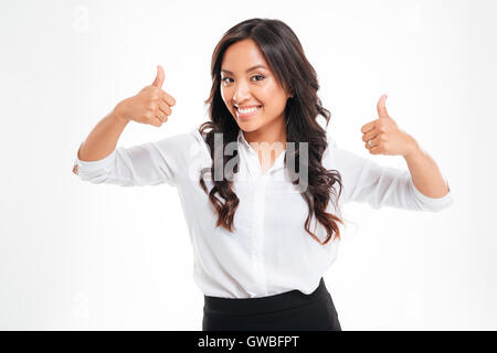 Happy asian businesswoman with Thumbs up isolé sur fond blanc Banque D'Images