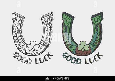 Horseshoe cute vector illustration. Bonne chance à la main signe. Beaux croquis d'un fer à cheval avec clover sur le White Illustration de Vecteur