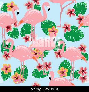 Illustration vecteur de flamants roses avec des fleurs, des feuilles de palmier Illustration de Vecteur