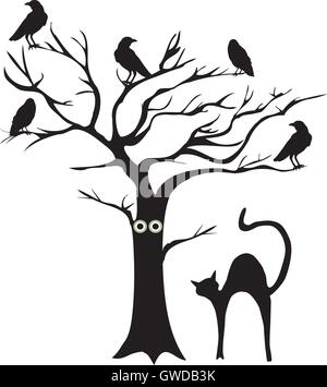 Vector illustration d'un arbre à corneilles et un chat Illustration de Vecteur