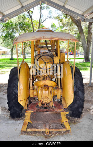 Vue arrière de l'ancien tracteur jaune vintage avec de gros pneus, siège et le volant dans l'air extérieur abri avec arrière-plan boisé. Banque D'Images