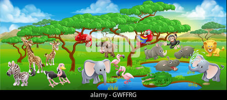 Un dessin animé Safari Animal Paysage scène avec beaucoup de caractères animal friendly mignon Banque D'Images