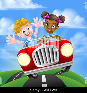 Cartoon boy and girl having fun driving car on a road trip Banque D'Images