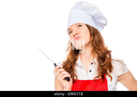 Réfléchis dangereux chef avec un couteau bien isolé Banque D'Images