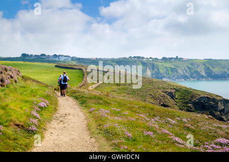 Les marcheurs randonnées sur la côte de Cornwall South West Coast Path UK, Péninsule du Lézard, Cornwall, England, UK Banque D'Images