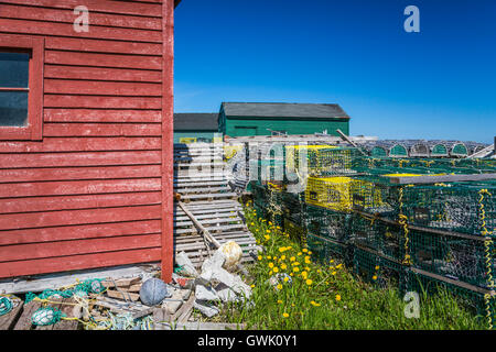 Boîte de sel maisons et étapes de pêche colorés avec des casiers à homard dans le village de Cow Head, Terre-Neuve et Labrador, Canada. Banque D'Images
