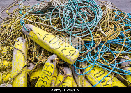 Un gros plan d'un tas d'engins de pêche sur le quai à Norris Point, Terre-Neuve et Labrador, Canada. Banque D'Images