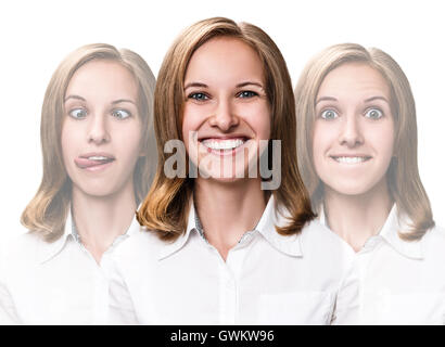 Collage de jeune femme se moque visages isolé sur blanc. Banque D'Images