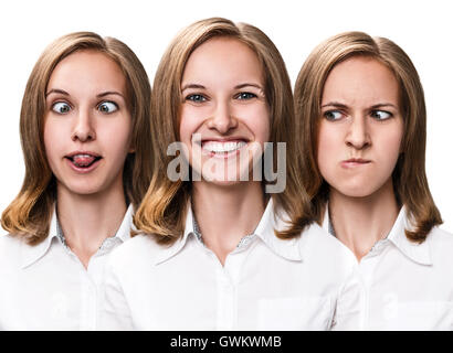 Collage de jeune femme se moque visages isolé sur blanc. Banque D'Images