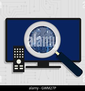 Loupe agrandissant le circuit électronique sur l'écran de télévision. Illustration de Vecteur