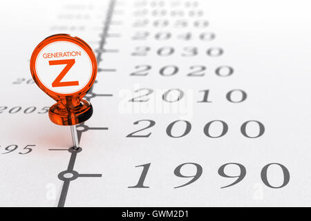 3D illustration d'un calendrier avec une épingle où il est écrit le texte la génération Z, illustration du millénaire generat Banque D'Images