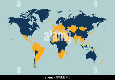 Carte du monde télévision vecteur bleu et jaune avec countres Banque D'Images