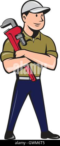 Plombier Arms Crossed Standing Cartoon Illustration de Vecteur