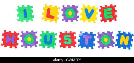 Message j'aime Houston, à partir de lettres, puzzle isolé sur fond blanc. Banque D'Images
