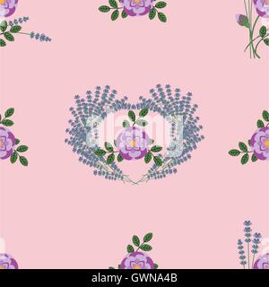Jardin d'été : lavande et roses motif transparent Illustration de Vecteur