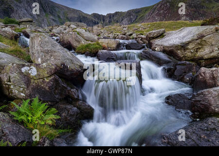 Afon Idwal soutenu par les diables, CWM Idwal Cuisine, Parc National de Snowdonia, le Nord du Pays de Galles, Royaume-Uni Banque D'Images