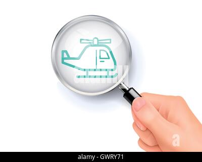 L'icône de l'hélicoptère médical signe montrant à travers par loupe tenus à la main. 3D illustration. Illustration de Vecteur