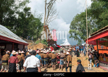 Le corps mort à l'intérieur du cercueil mettent dans le Lantang (cabanes) d'être défilé de la famille et les proches ; Banque D'Images