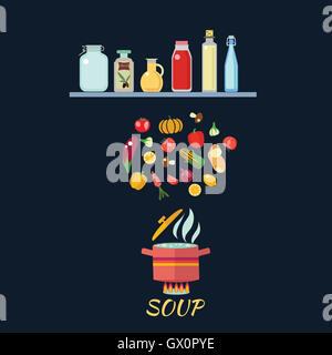 Arrière-plan de cuisson avec les légumes. L'eau bouillie dans la poêle. Les légumes dans l'eau chaude. Recette Soupe de télévision cartoon style illustration Banque D'Images